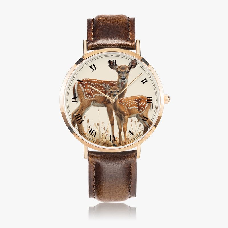 Vintage style deer leather wrist watch silver