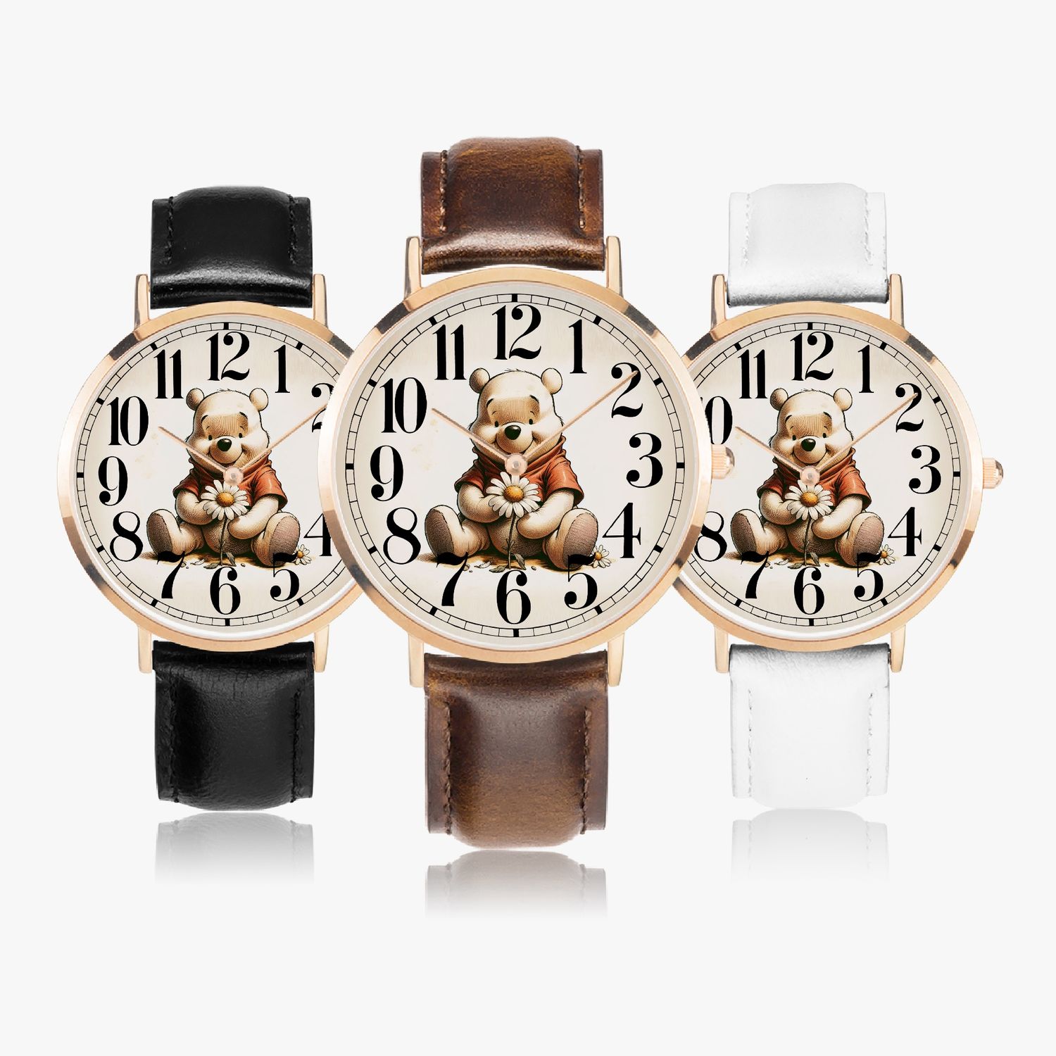 Vintage style Winnie the Pooh leather wrist watch rose gold