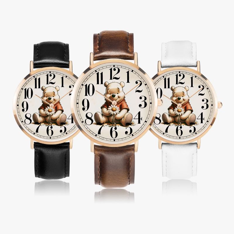 Vintage style Winnie the Pooh leather wrist watch rose gold