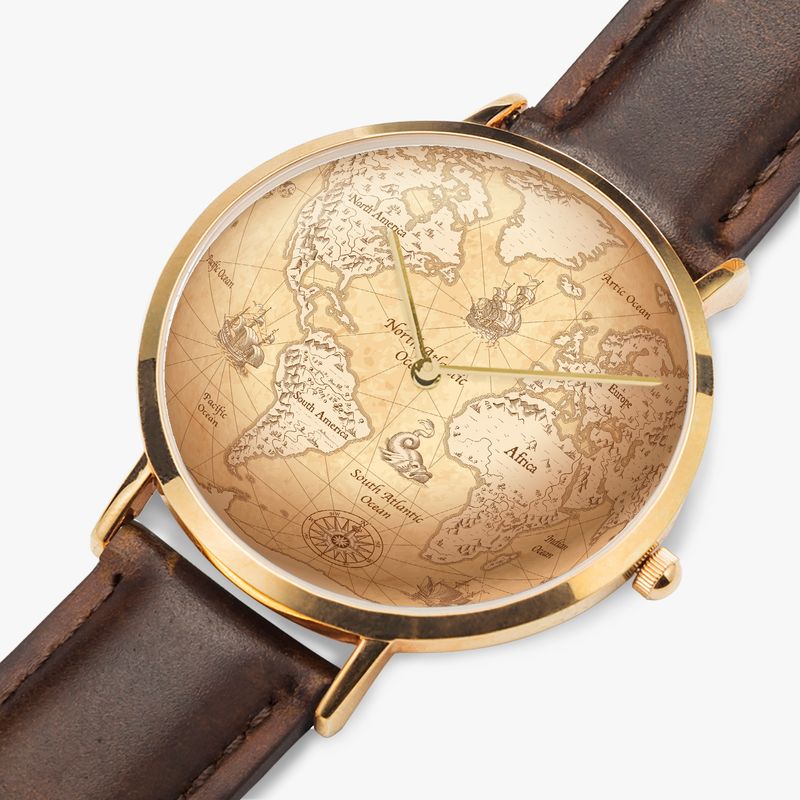 Vintage Style World Map Leather Watch Rose Gold