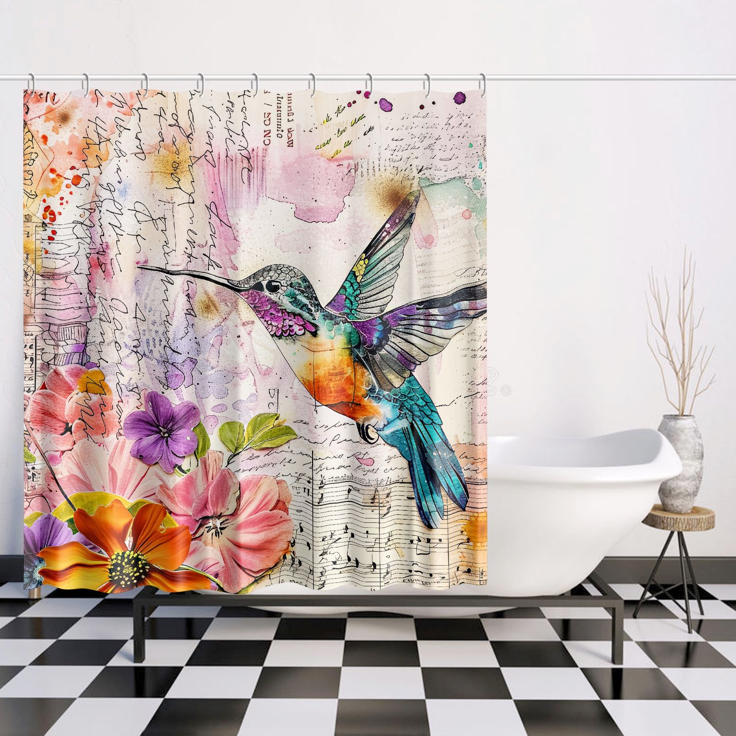 Vintage style hummingbird shower curtain