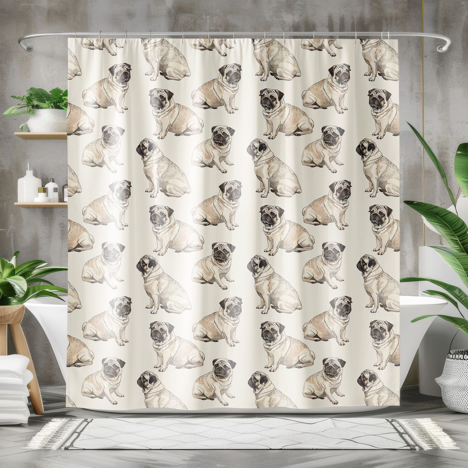 Beige vintage style pug shower curtain