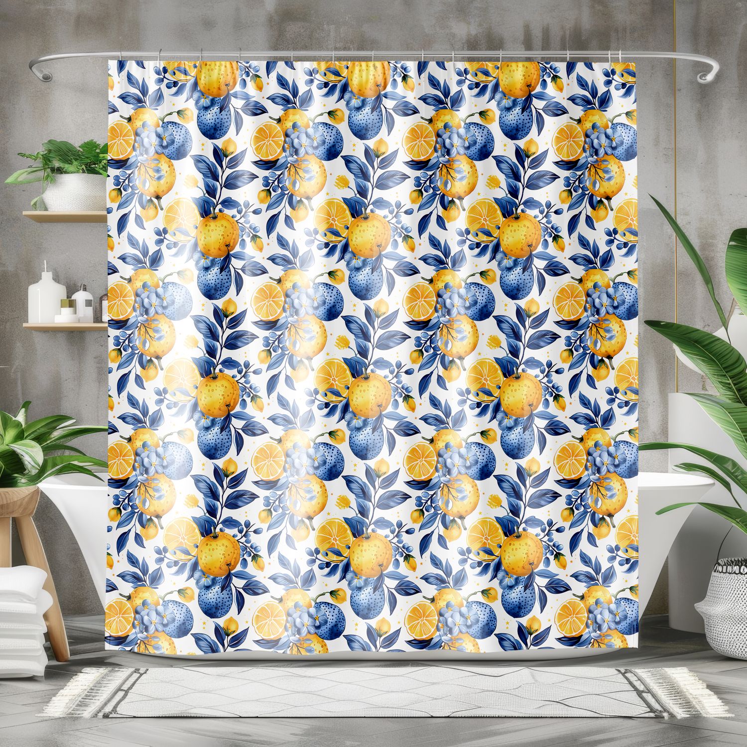 Blue-yellow lemon pattern shower curtain