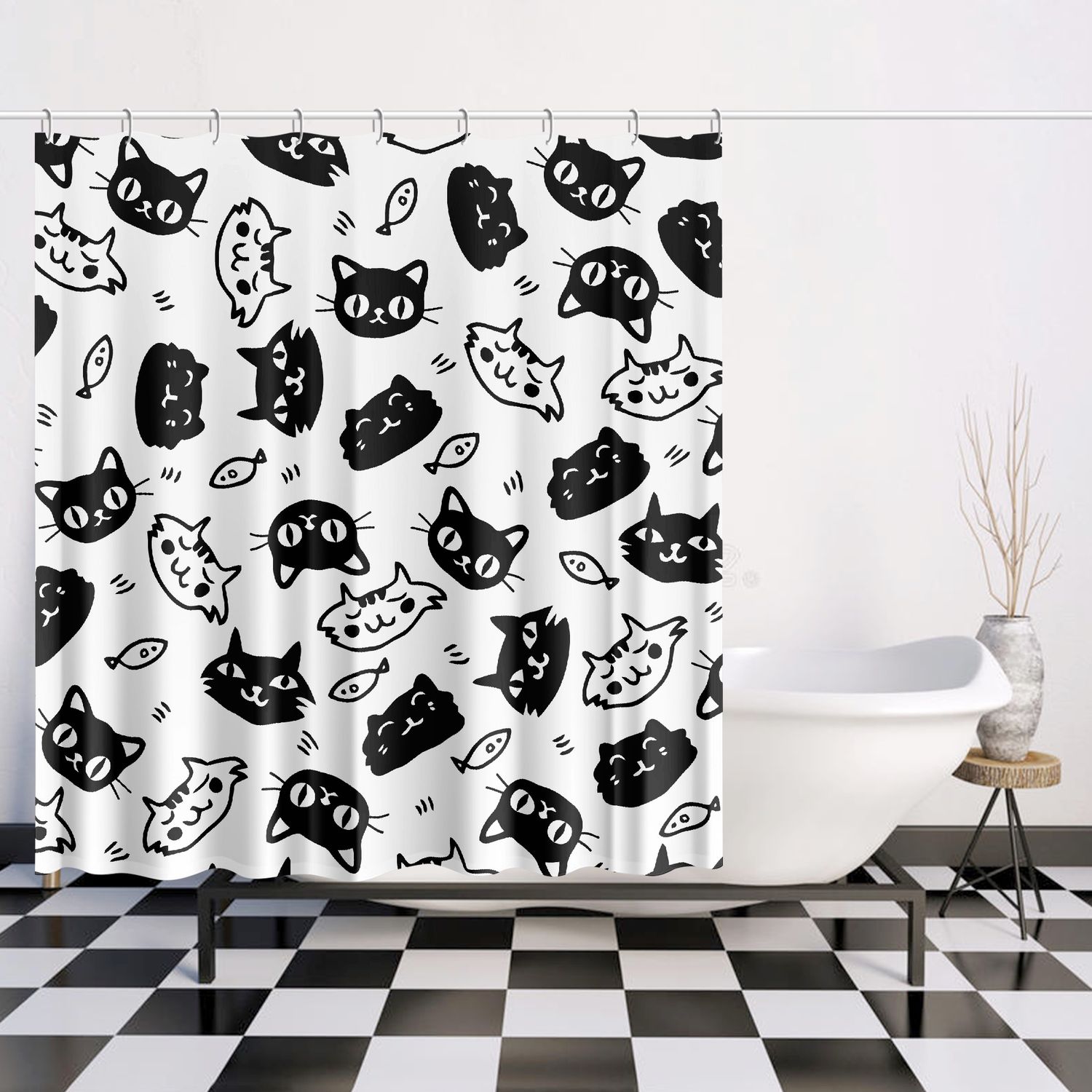 White and black cartoon cats shower curtain