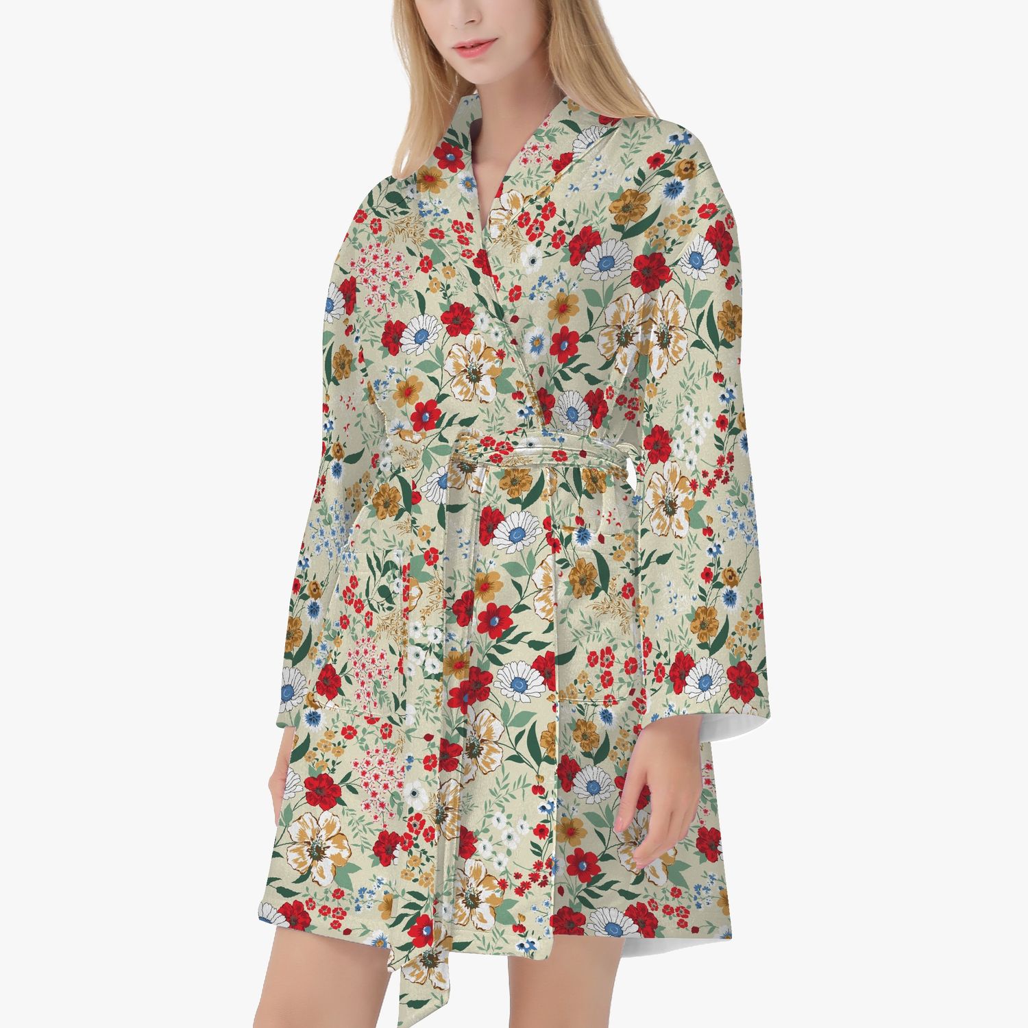 Beige-red floral bathrobe