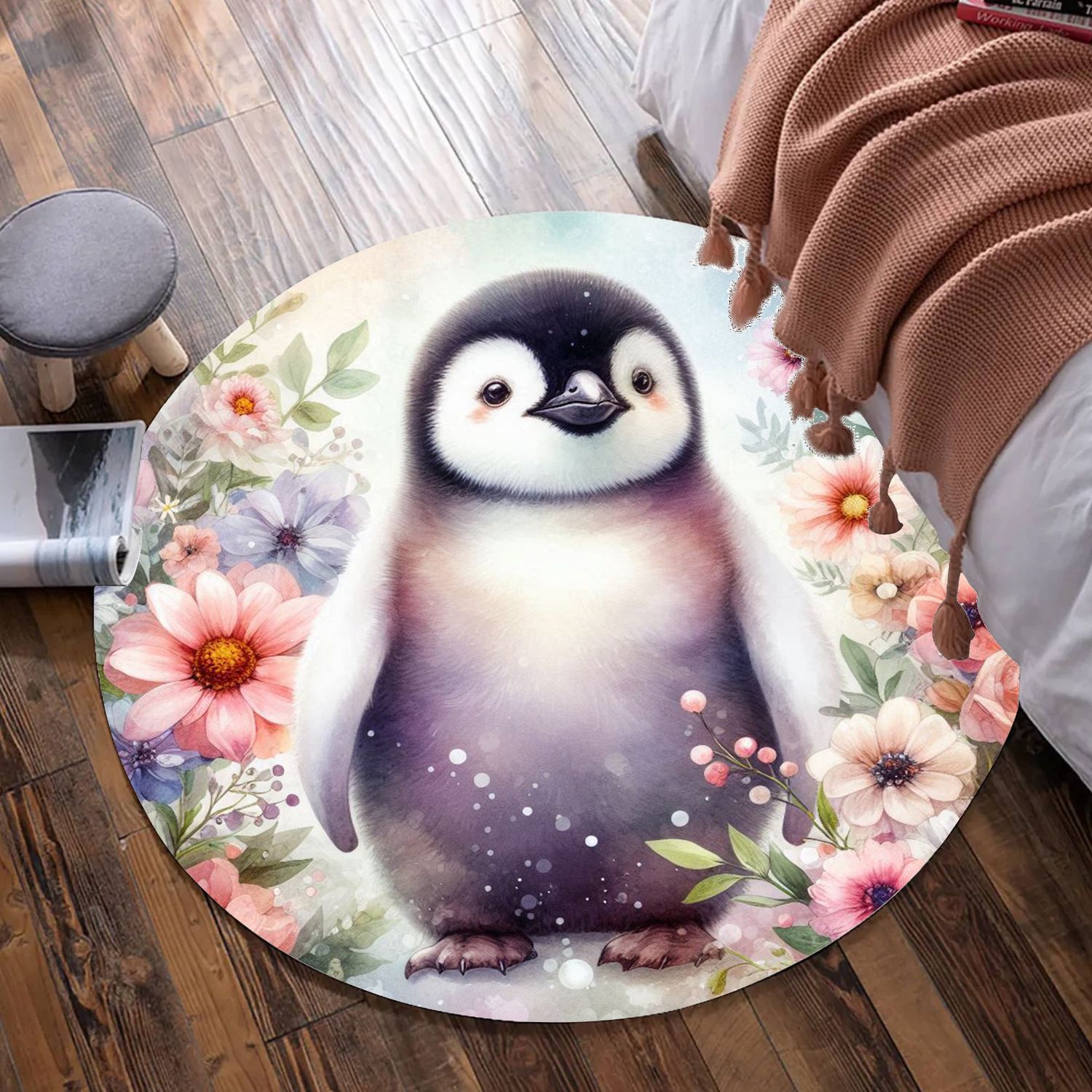 Pastel Colors Penguin - Flowers Round Rug