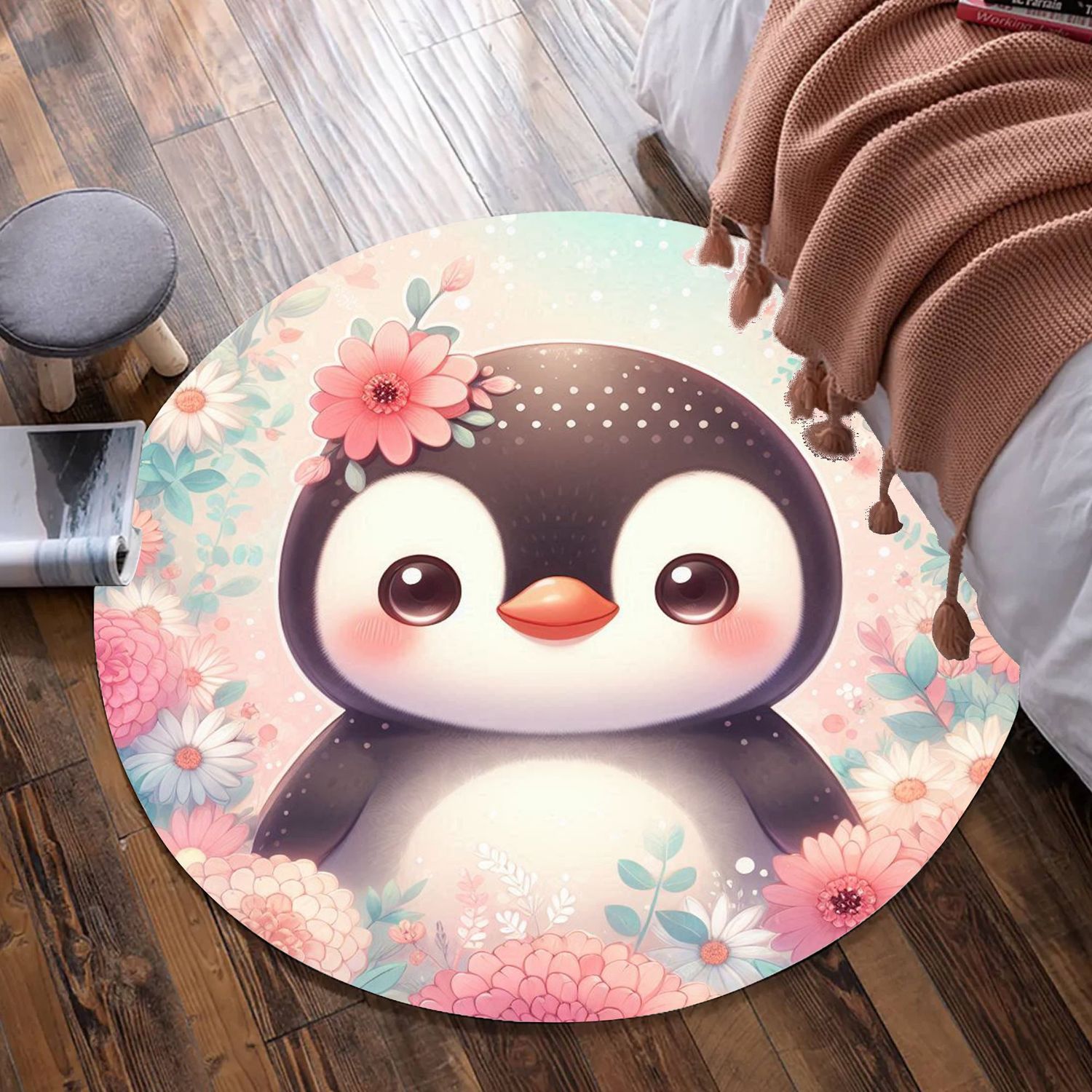 Cute penguin round rug