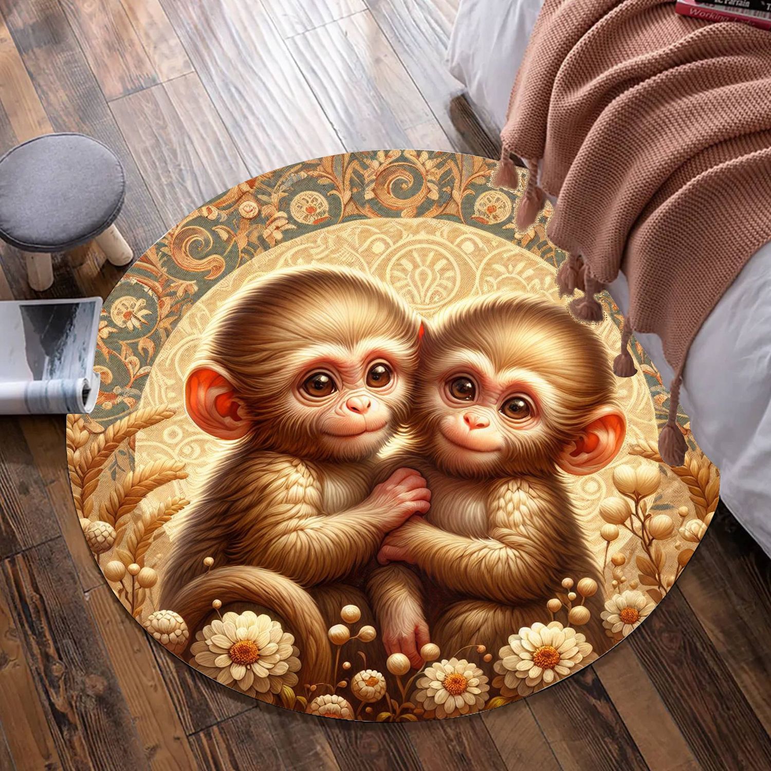 Beige patterned monkey round carpet