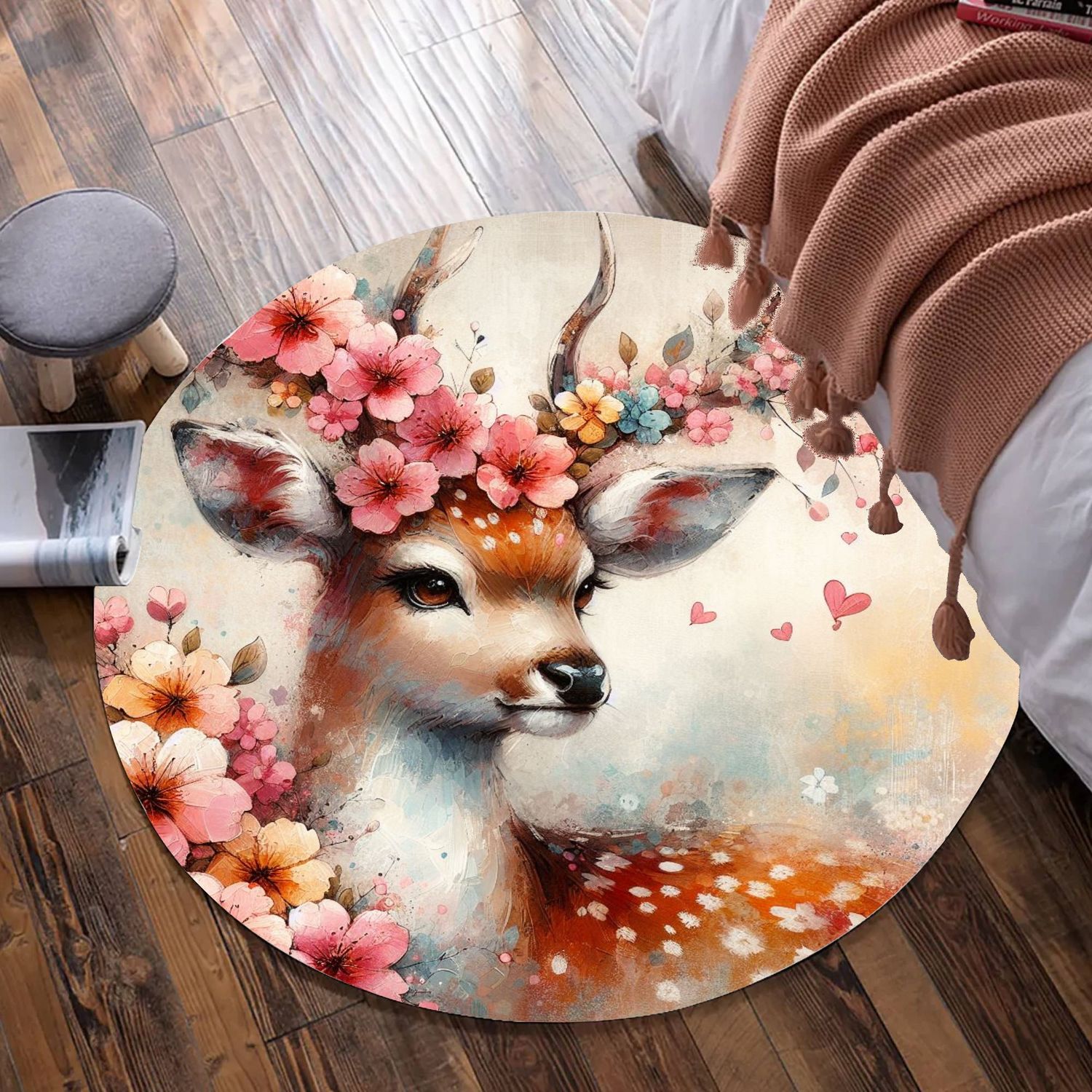Charming deer - flowers round carpet