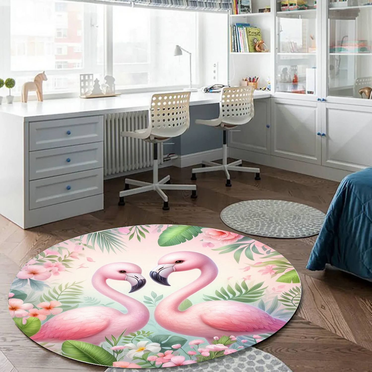 Pastel colored flamingo round rug