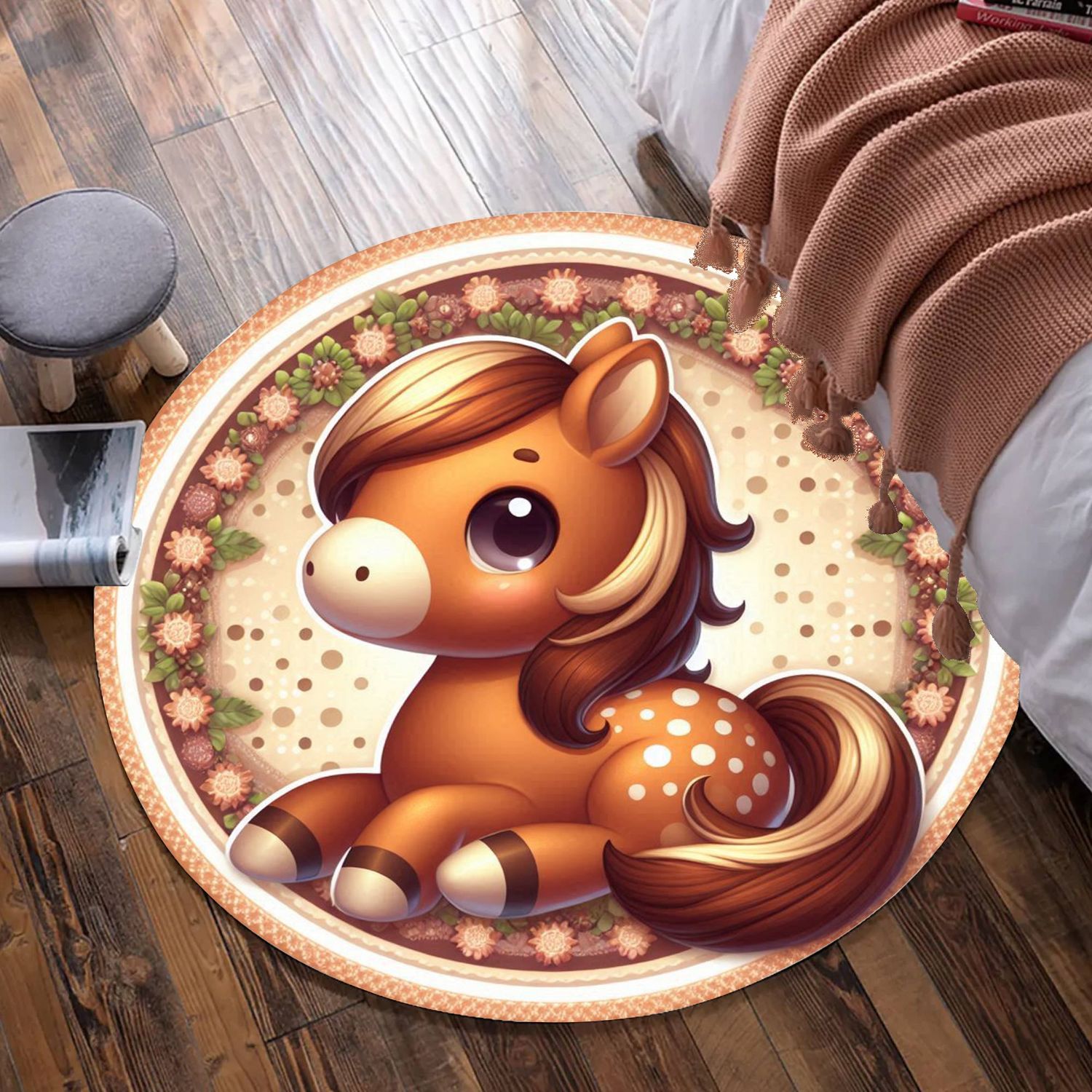 Brown-beige cartoon horse round rug