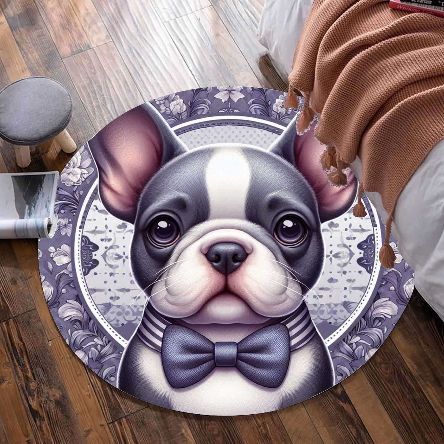 Purple-Grey French Bulldog Round Rug