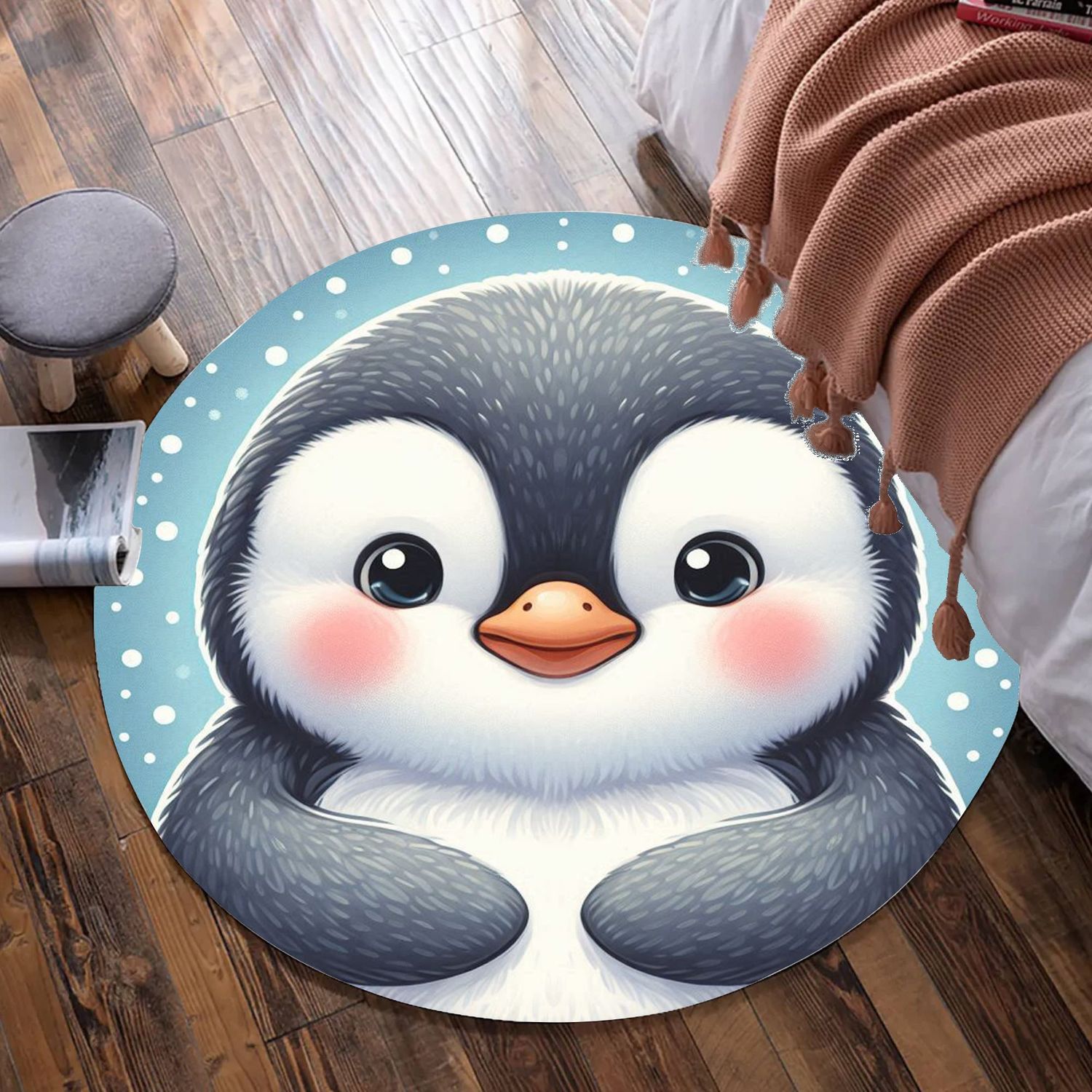 Light blue penguin round rug