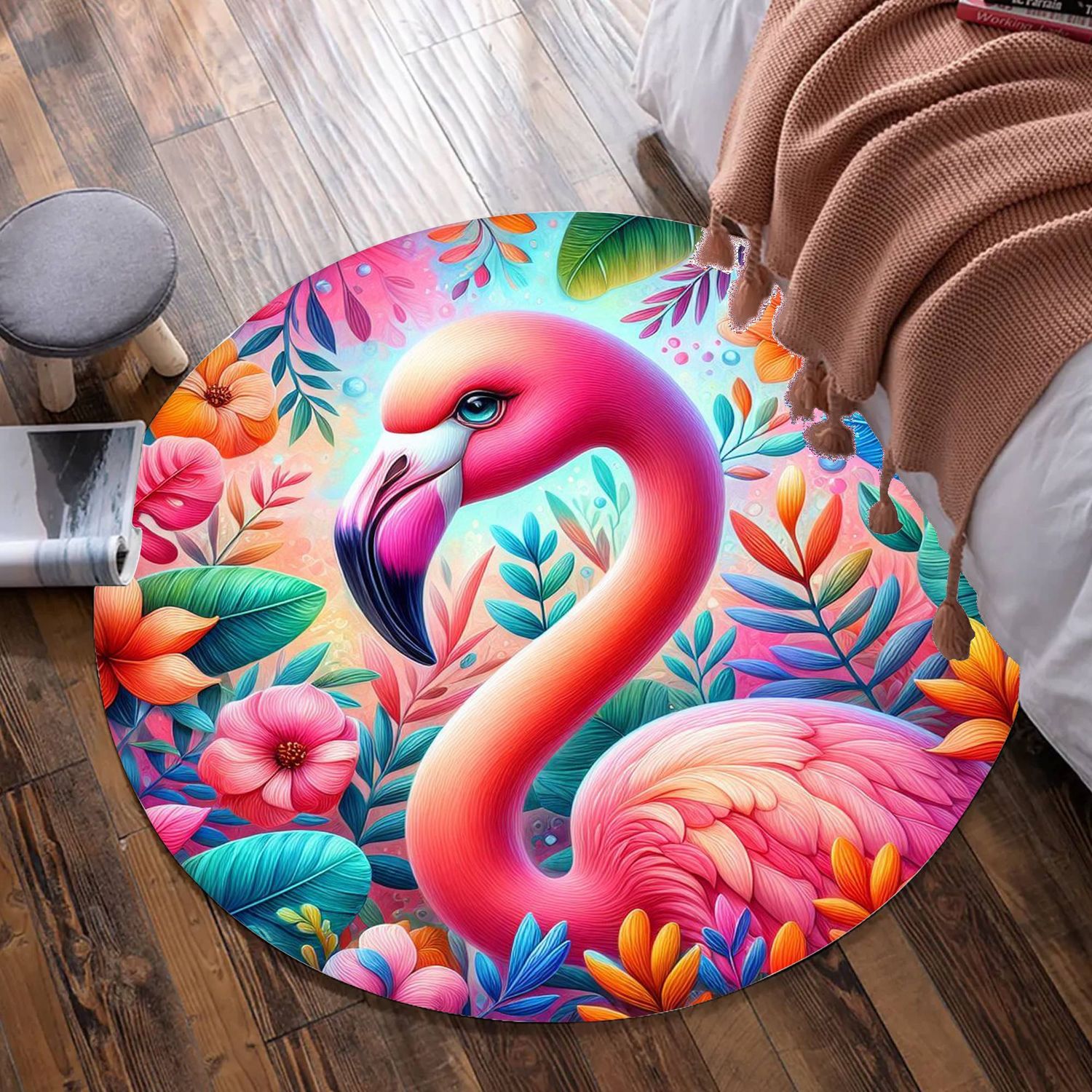 Colorful flamingo round rug