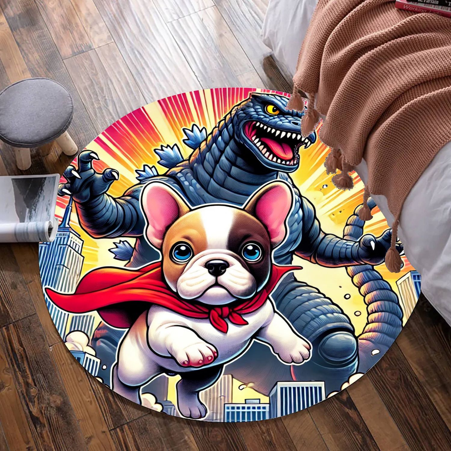 Comic Style French Bulldog VS Catzilla Round Rug