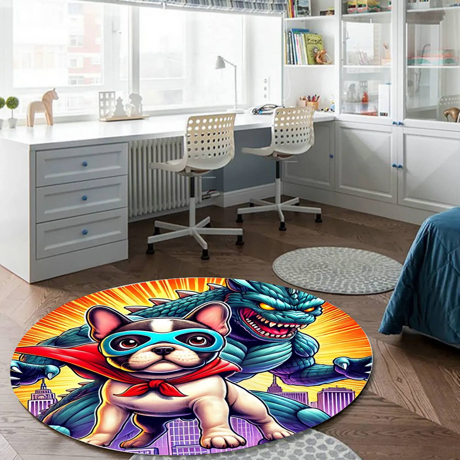 Comic Style French Bulldog VS Catzilla Round Rug