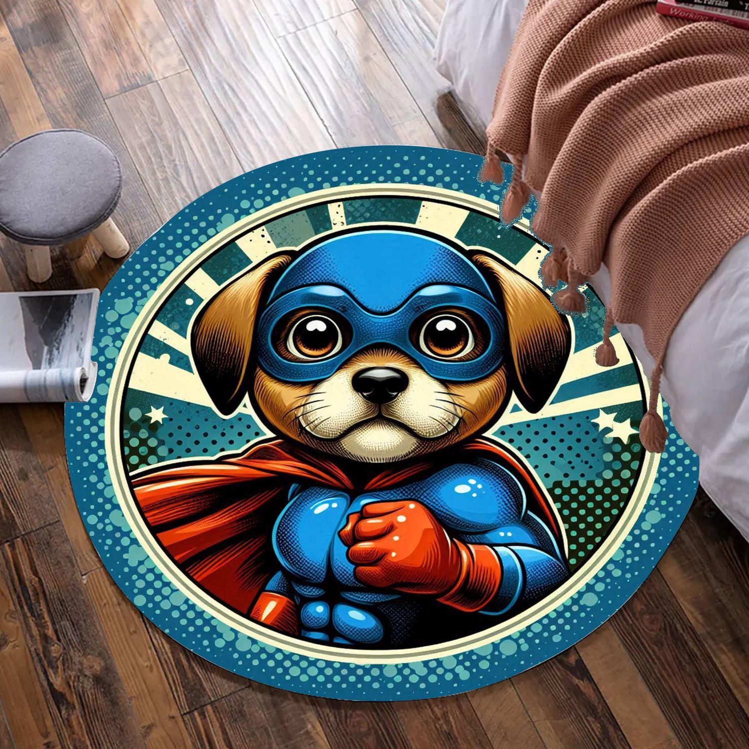 Comic Style Dog Superhero Round Carpet