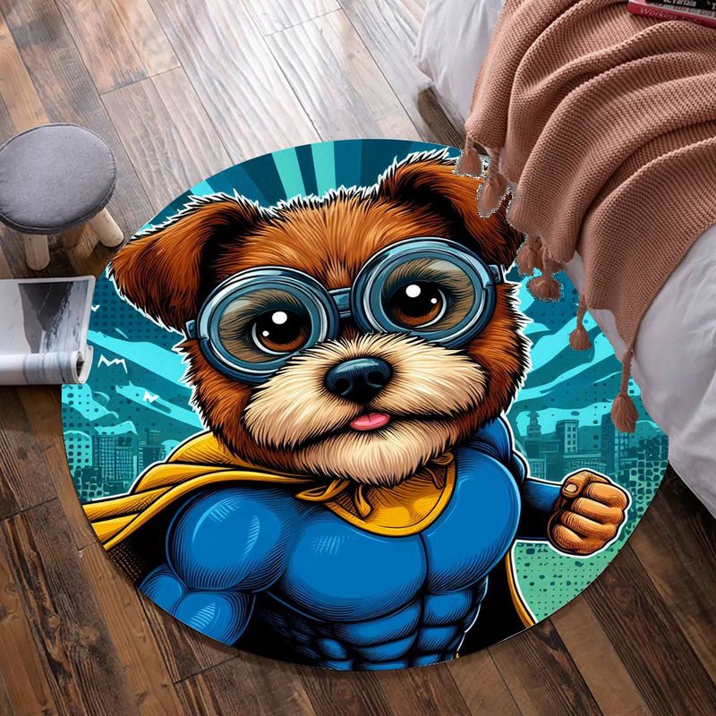 Comic Style Dog Superhero Round Carpet