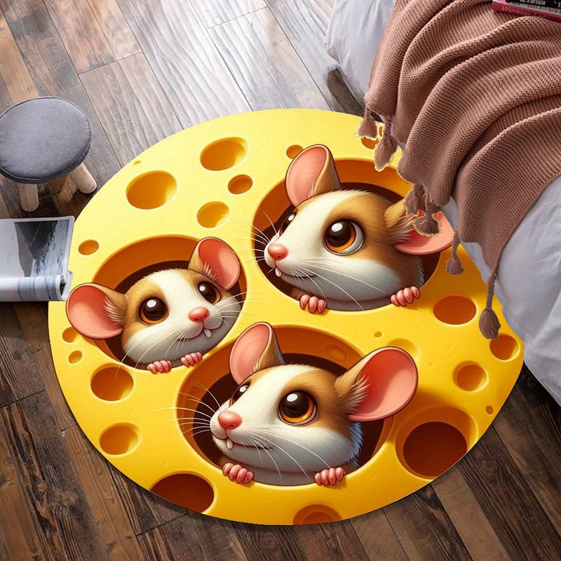 Cartoon Mice - Yellow Cheese Round Carpet