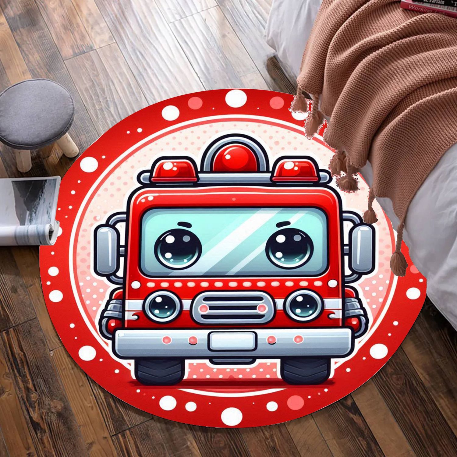 Red fire engine round carpet