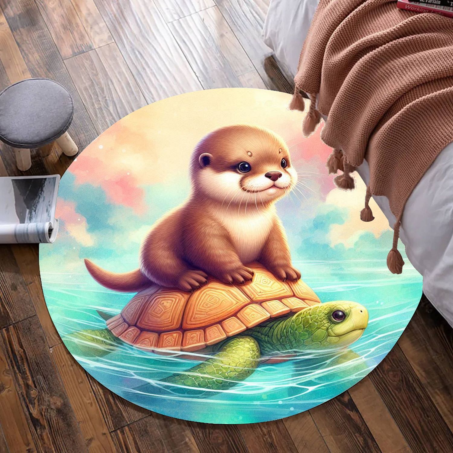 Cute otter - turtle round rug