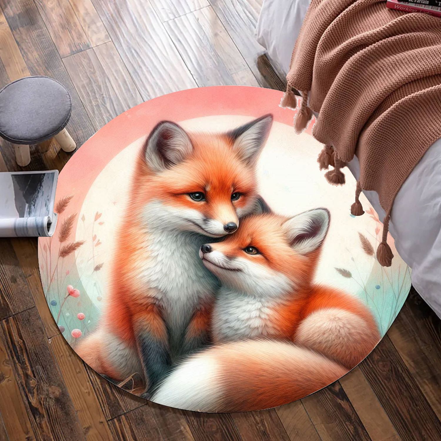 Cute foxes round rug