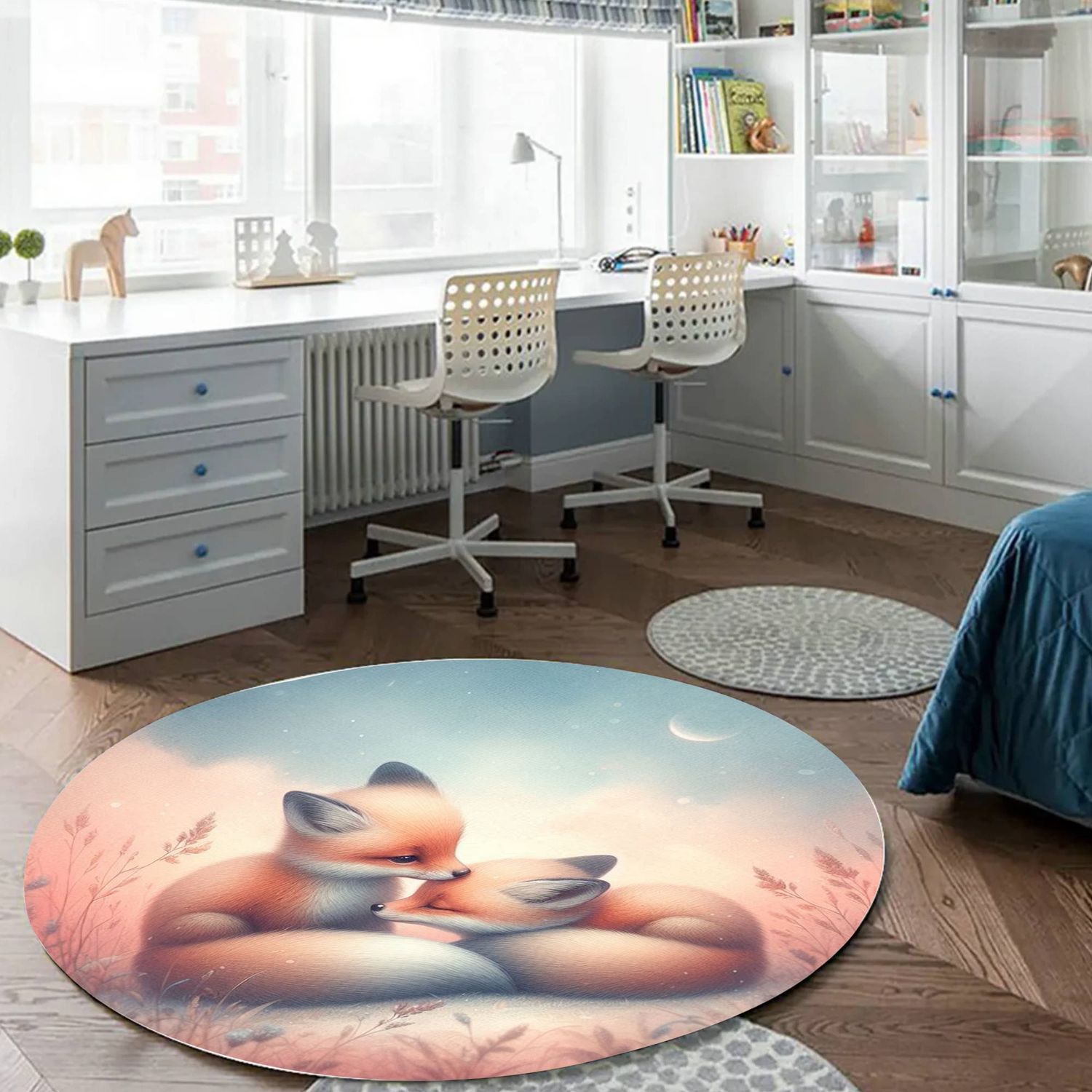 Cute little foxes round rug
