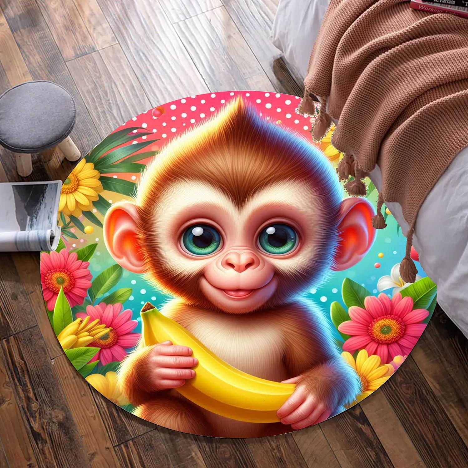 Colorful monkey round rug