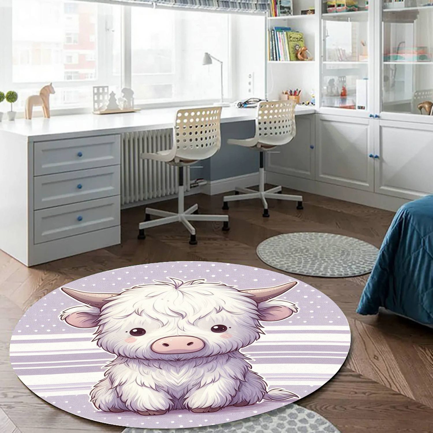 Lilac Cartoon Highland Cow Round Rug
