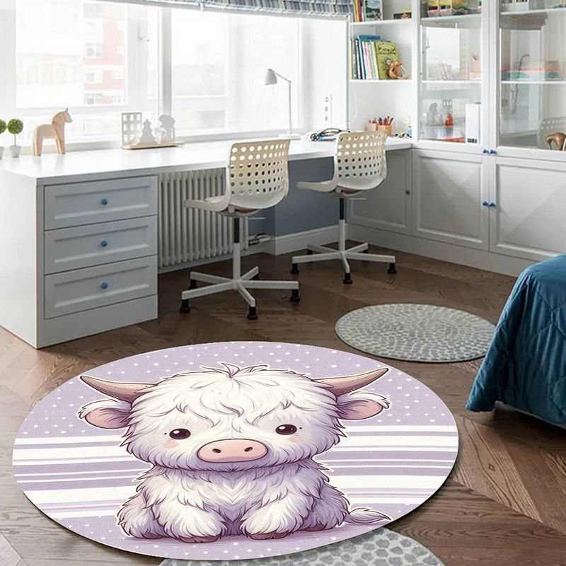 Lilac Cartoon Highland Cow Round Rug