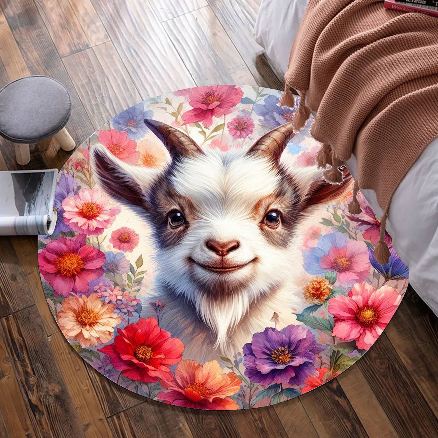 Floral goat round rug