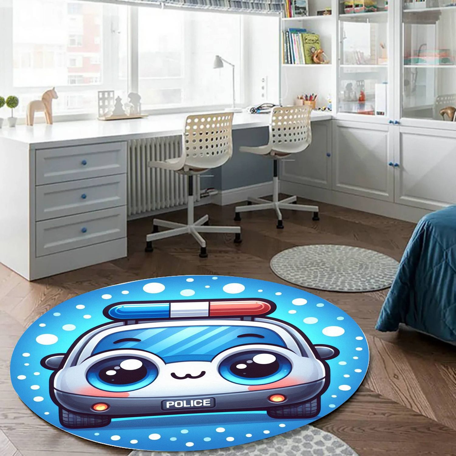 Light Blue Cartoon Police Car Round Carpet