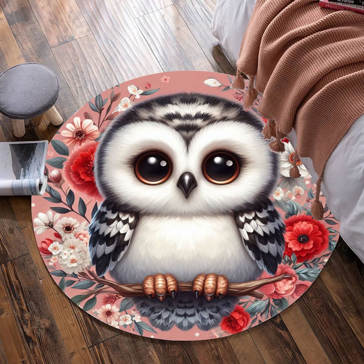 Floral cute owl round rug