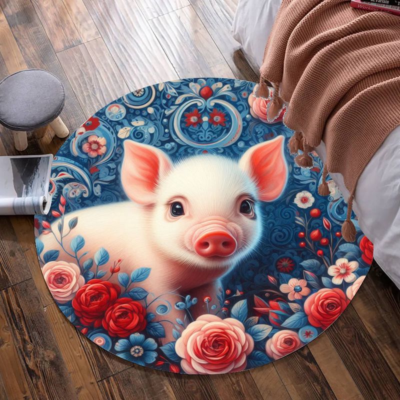 Blue Piggy - Red Flowers Round Rug