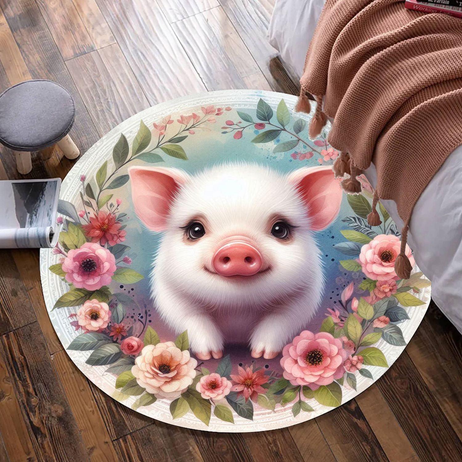 Pastel colored piggy - floral round rug