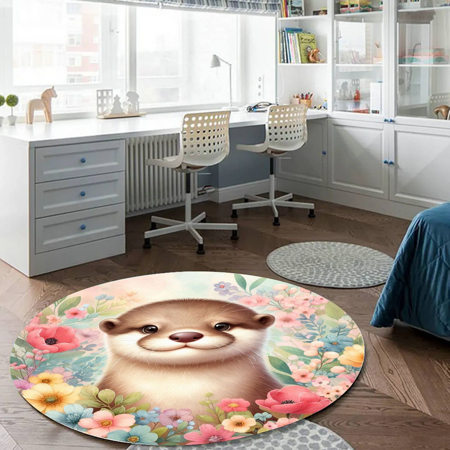 Floral Cute Otter Round Rug