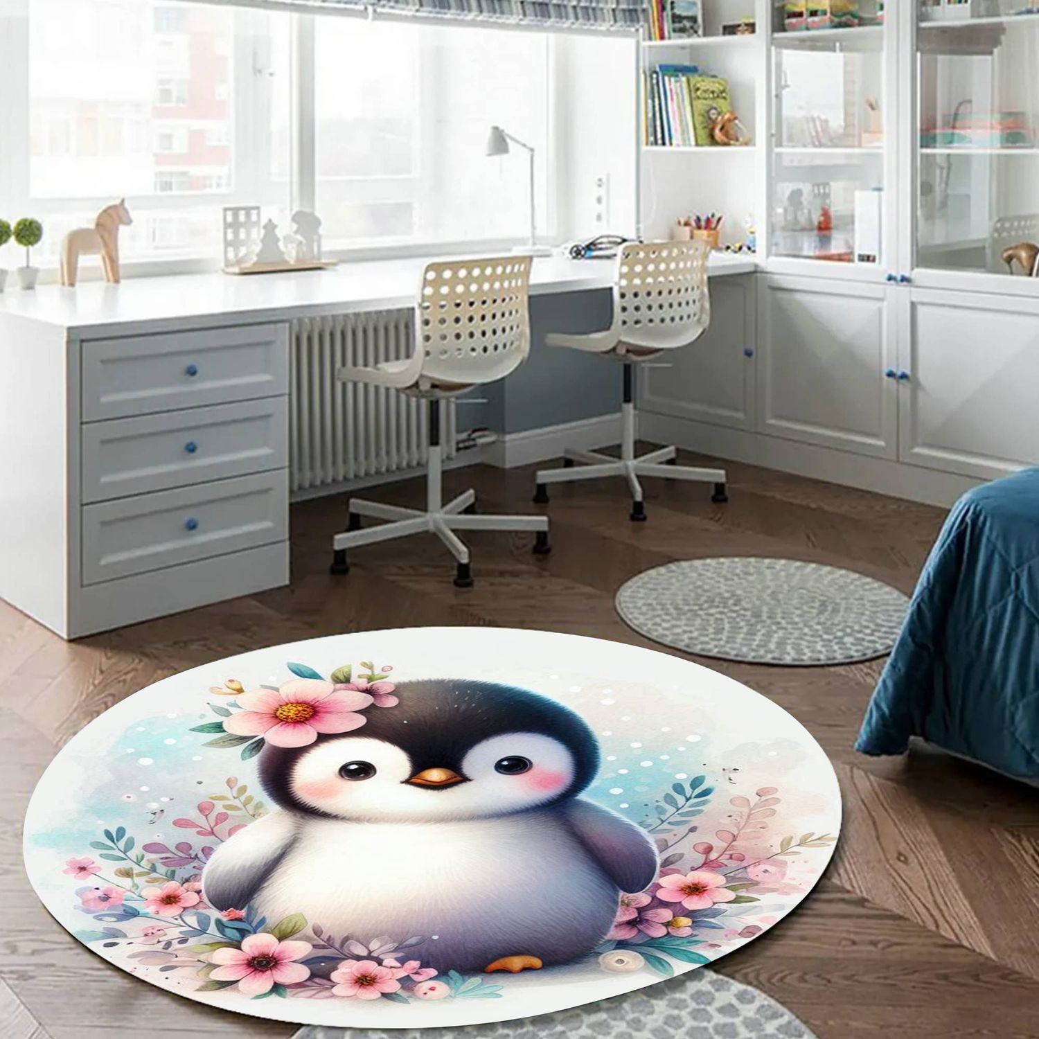 Cute Penguin - Flowers Round Rug