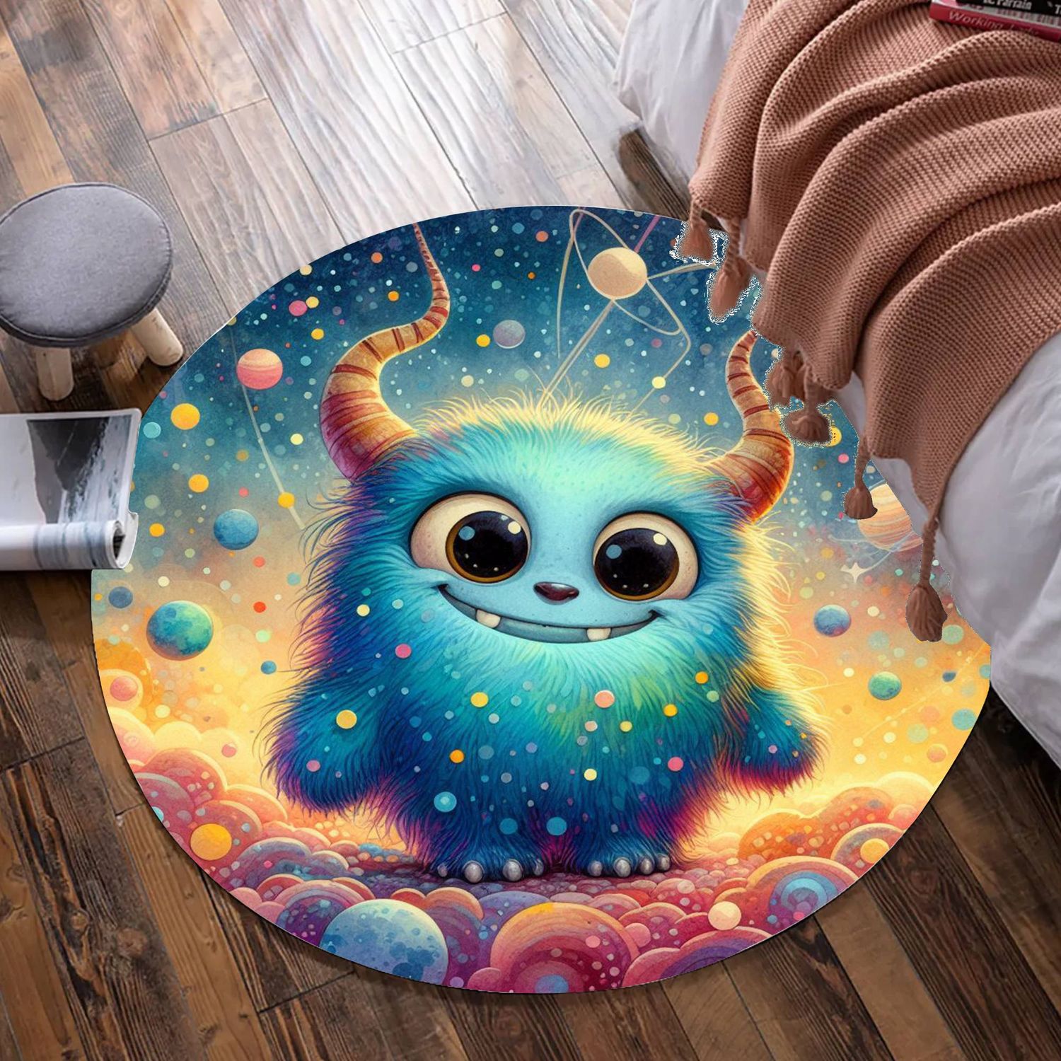 Cute Blue Monster - Planets Round Rug
