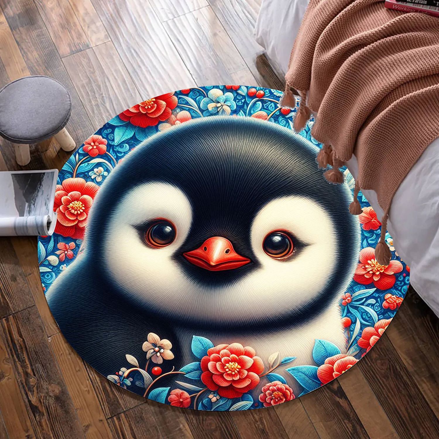 Blue Penguin - Red Flowers Round Rug