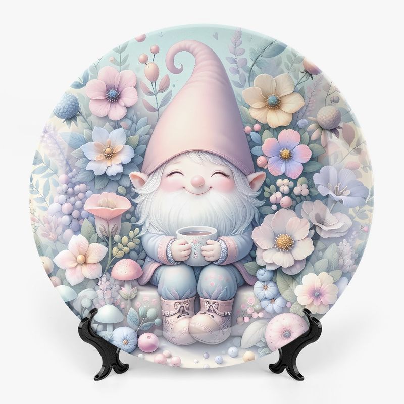 Pastel colored motif plate with gnomes