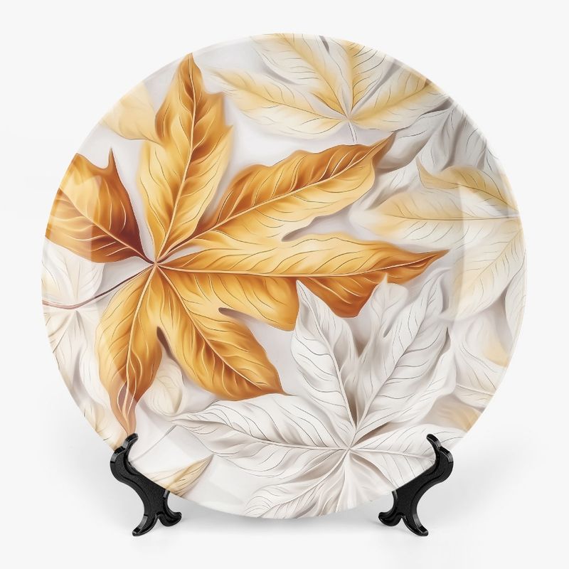 Modern motif plate with autumn leaves - white and gold