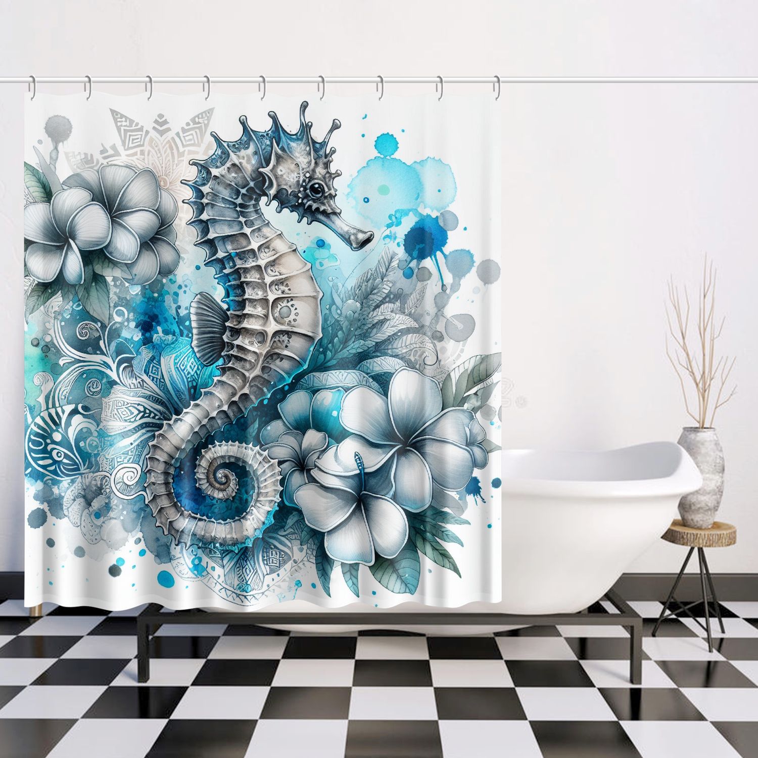 Watercolor style seahorse shower curtain