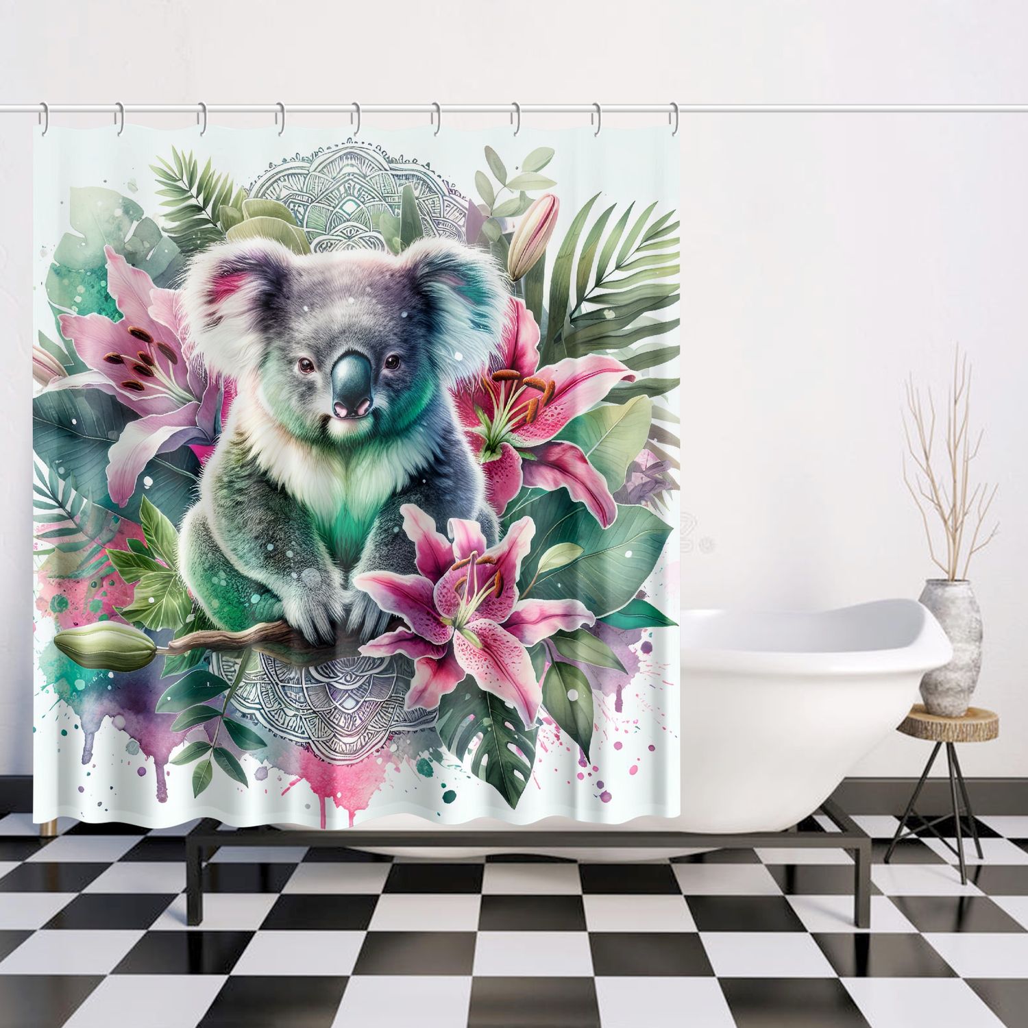 Watercolor style koala - lilies shower curtain