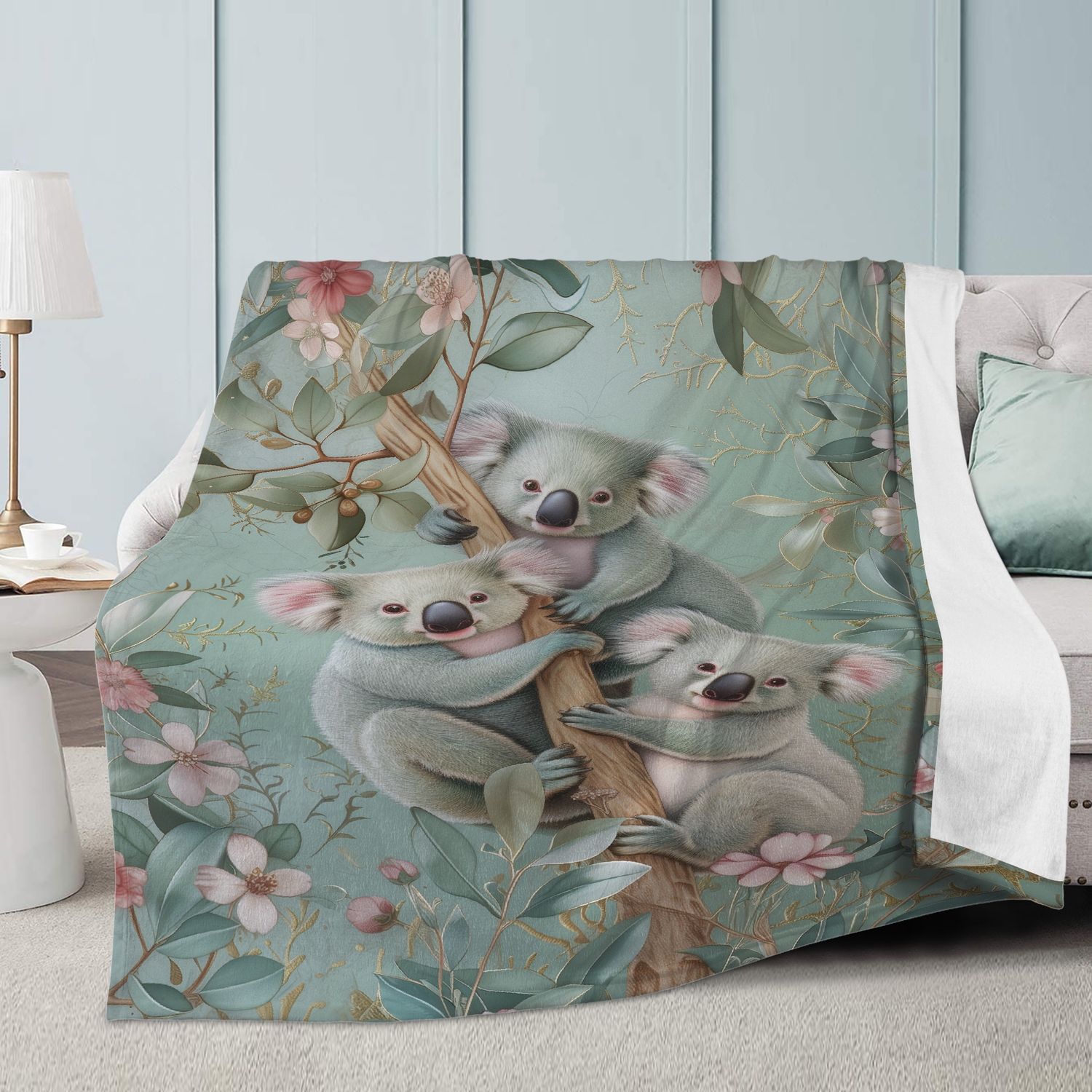 Mint green cuddly blanket with koala bears