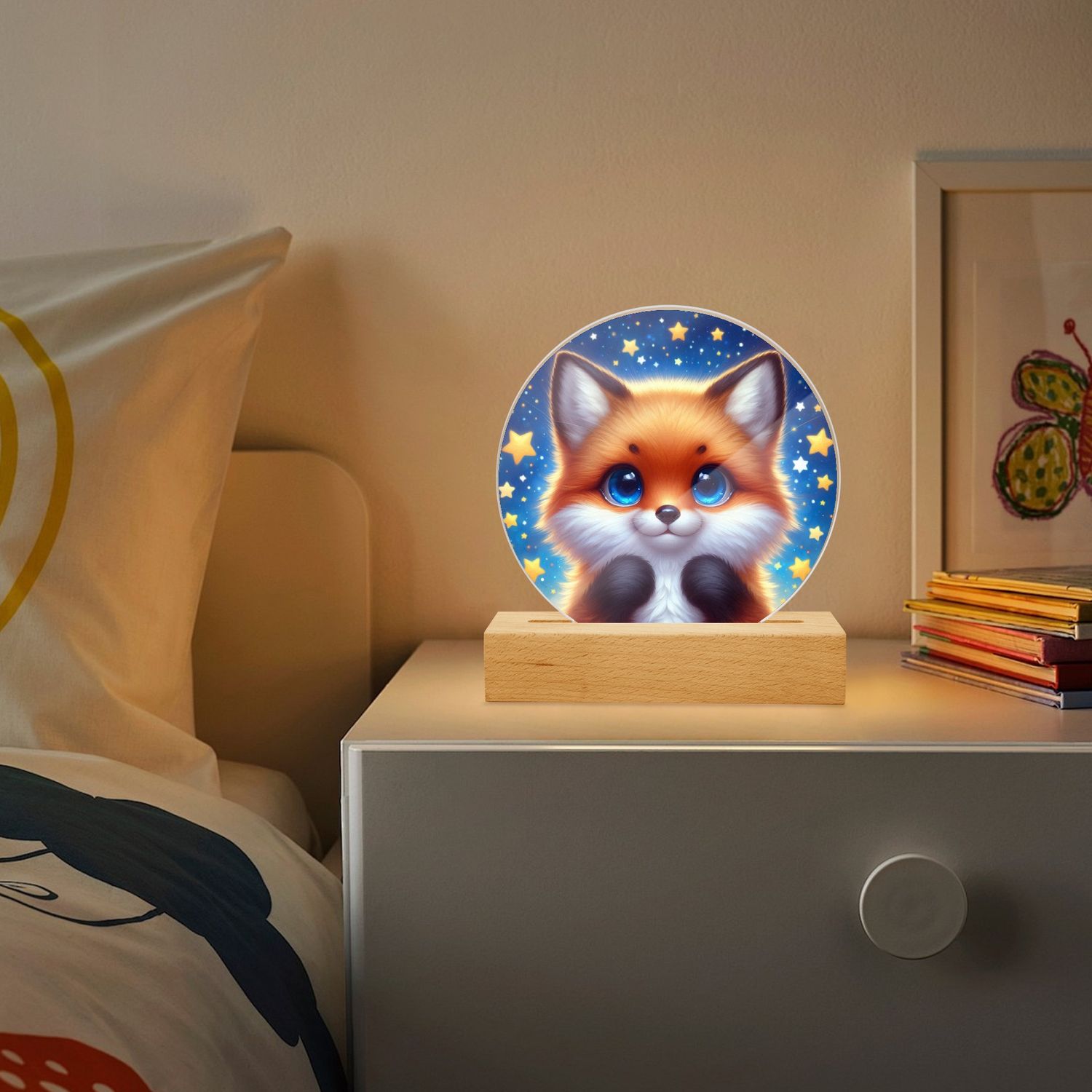 LED acrylic night light round fox - stars