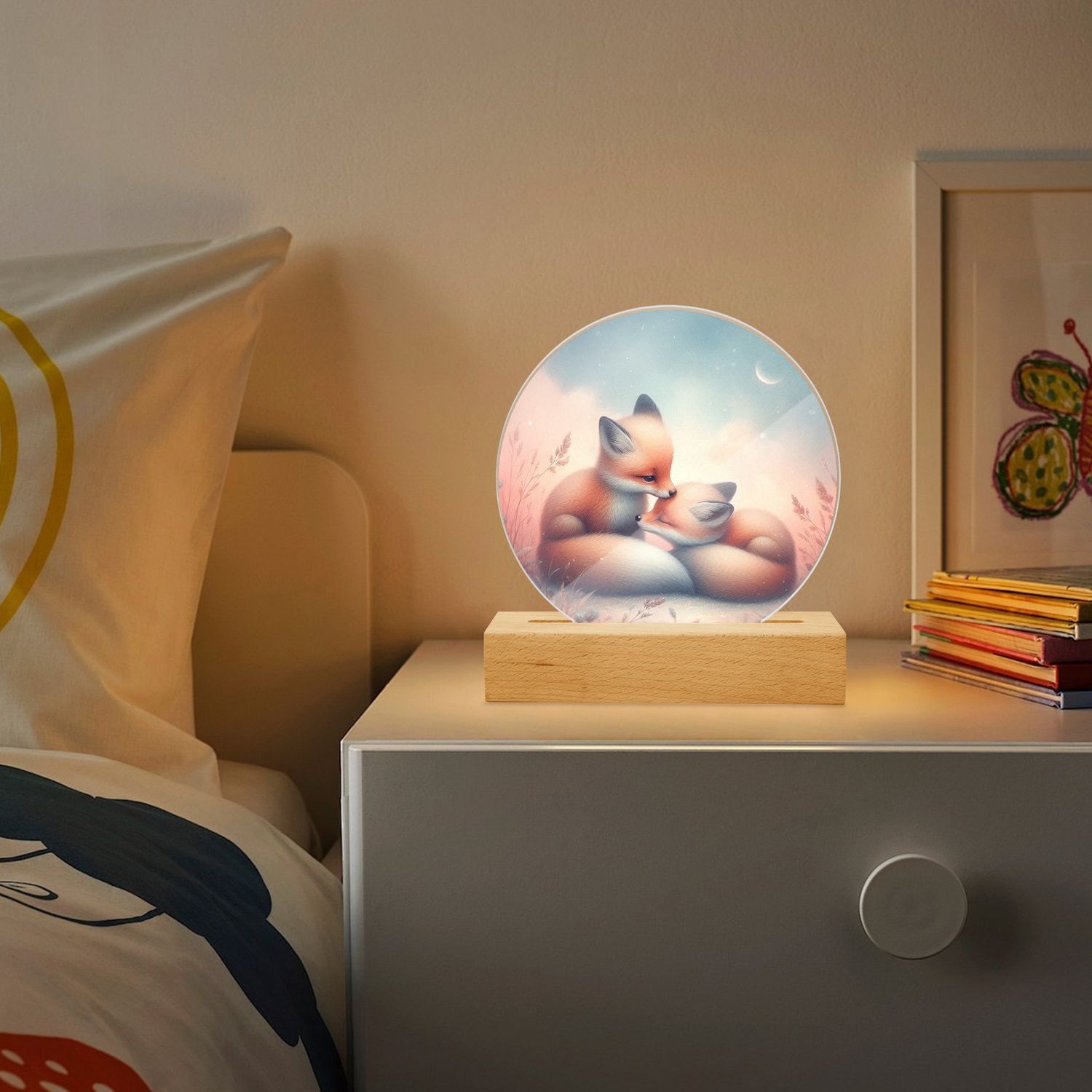 LED acrylic night light round - cute foxes