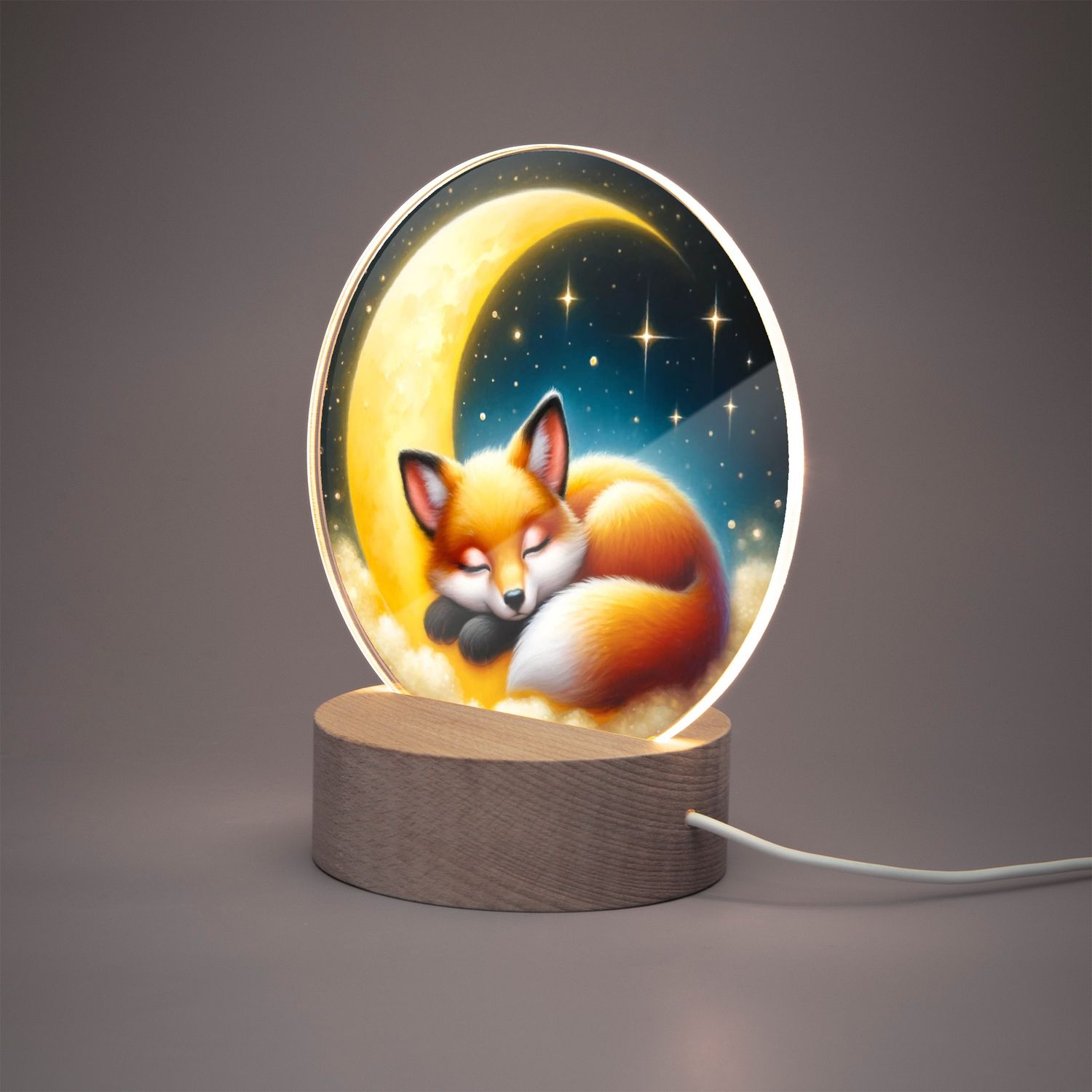 LED acrylic night light round - sleeping fox - moon
