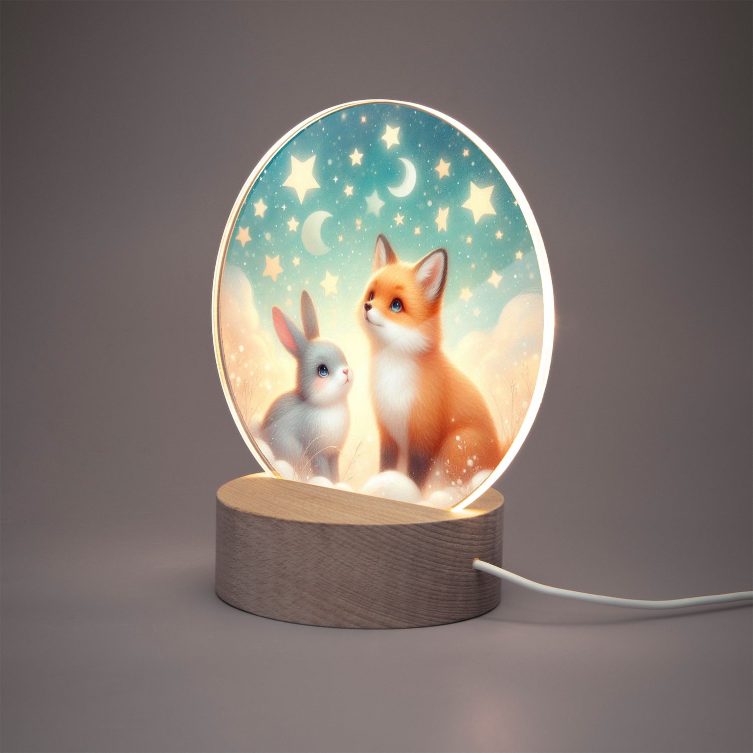 LED acrylic night light round fox and rabbit - stars