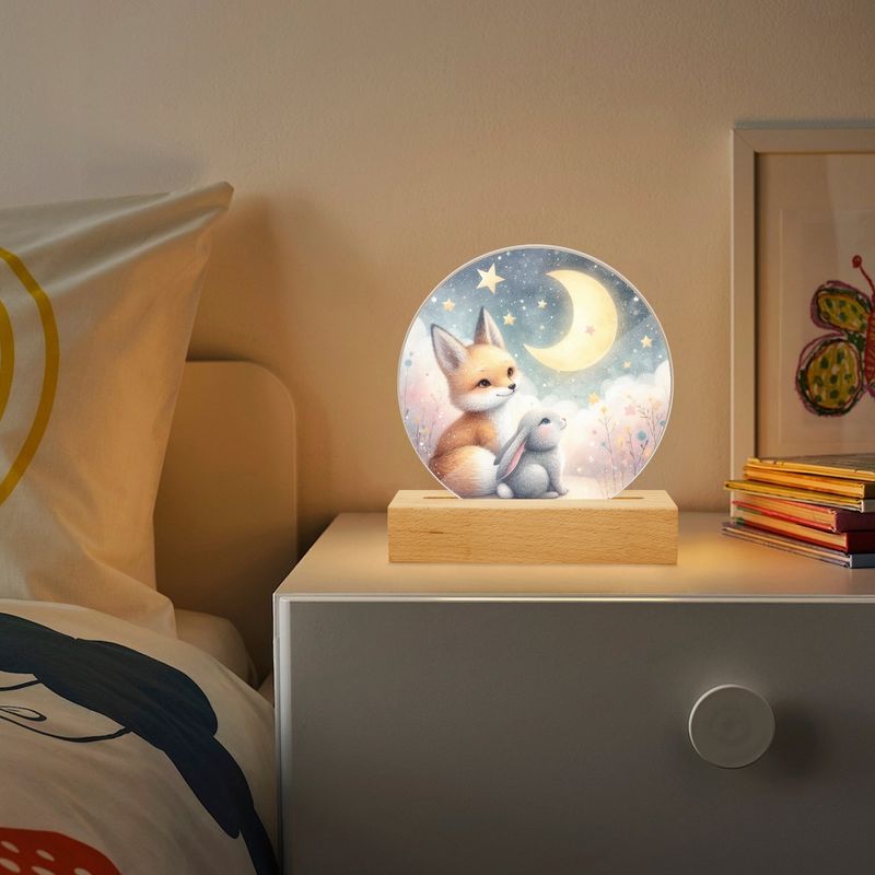 LED acrylic night light round fox and rabbit - moon