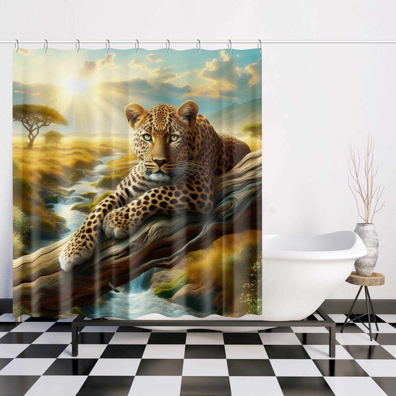 Graceful leopard in the savannah shower curtain